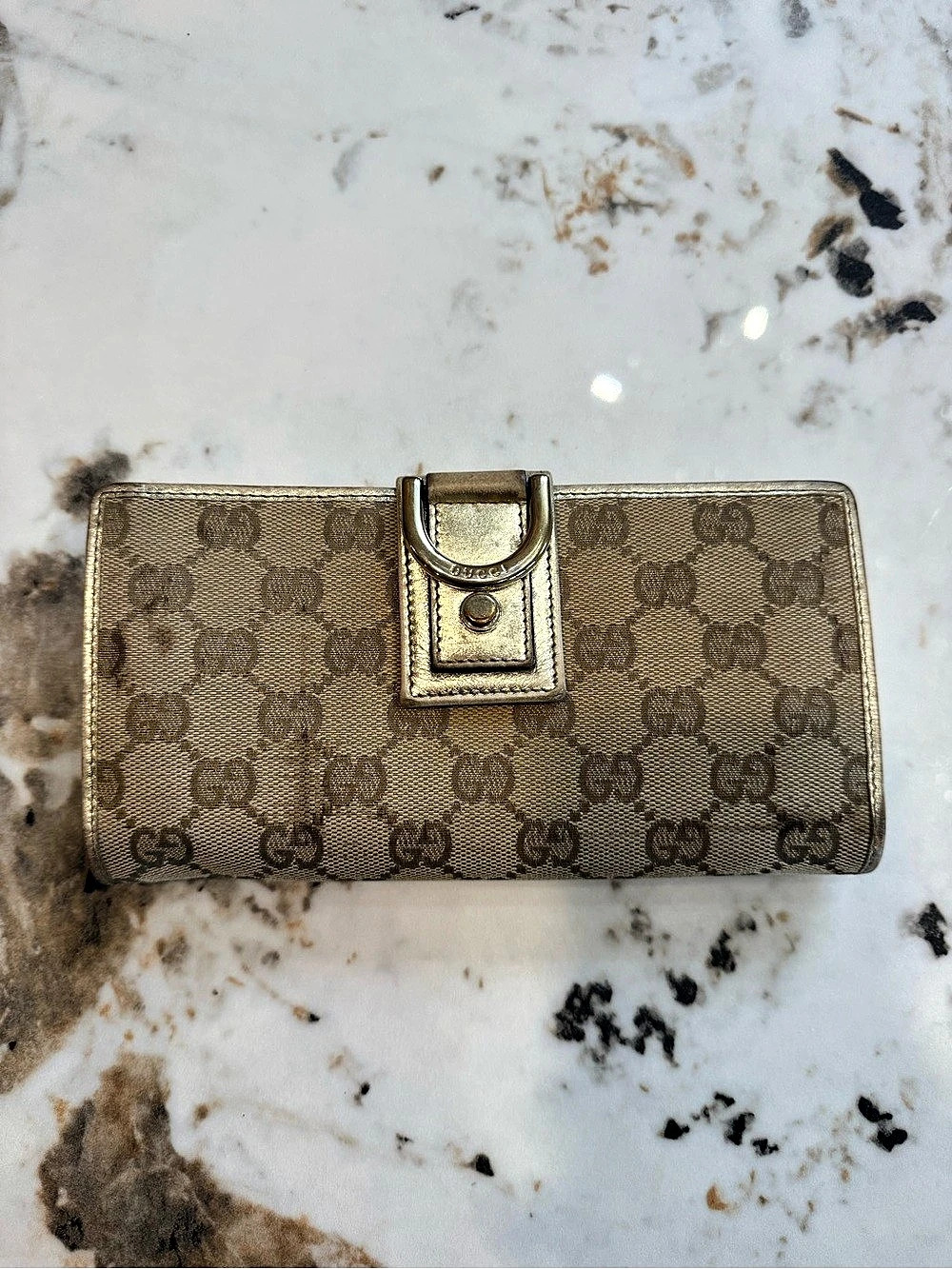 Gucci GG Canvas D-Ring Continental Wallet in Brown & Gold